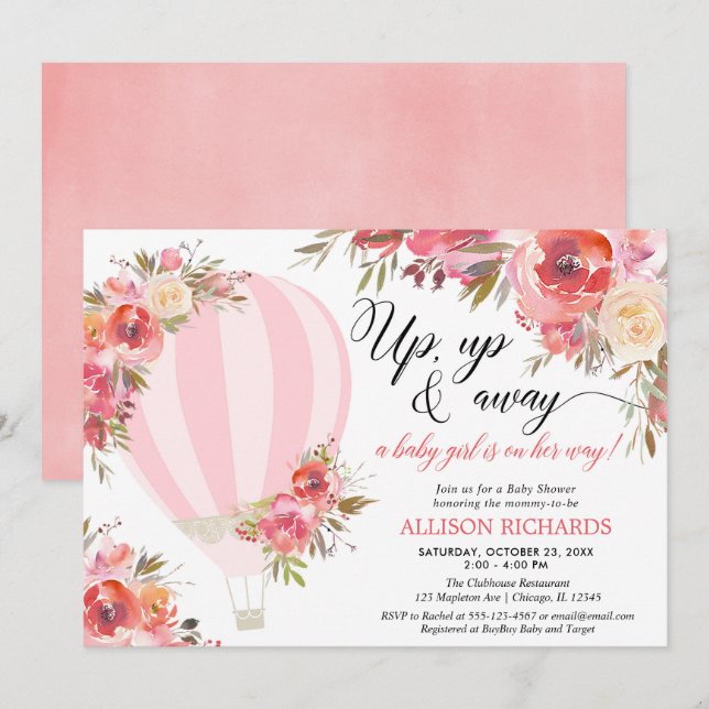 Invitation baby shower d'une montgolfière florale rose vif (Devant / Derrière)