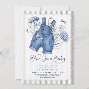 Invitation Baby Shower Dusty Blue Hydrangea Bébé en Jean Bleu