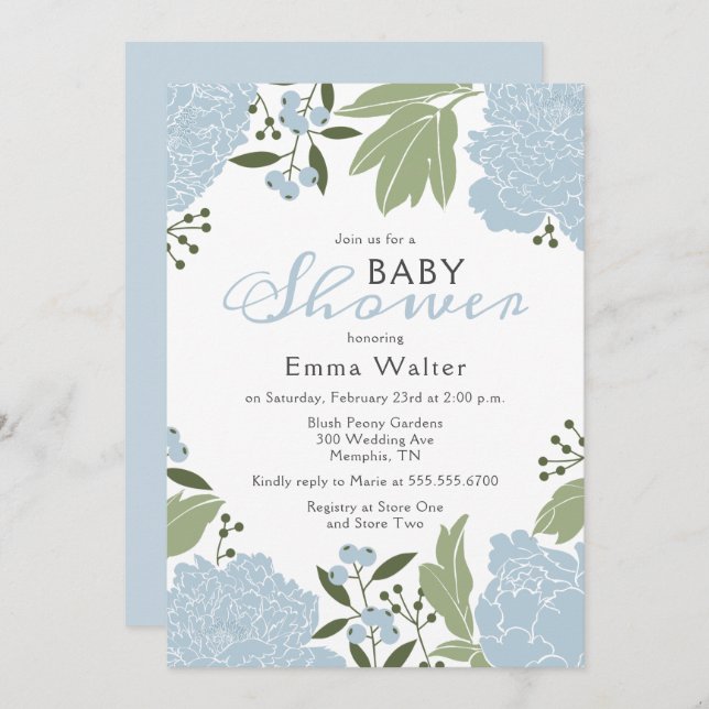 Invitation Baby shower Dusty Blue Peonies (Devant / Derrière)