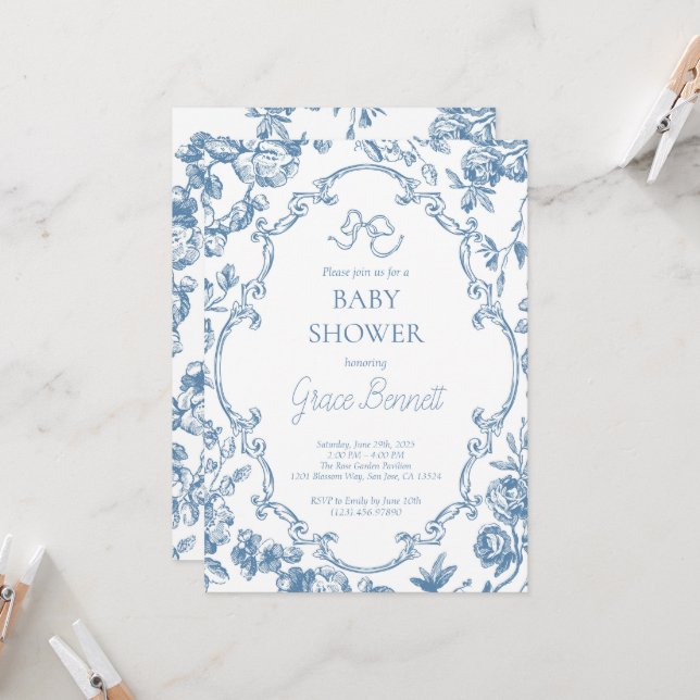 Invitation Baby shower Dusty Blue Toile de Jouy (Devant/Arrière en situation)