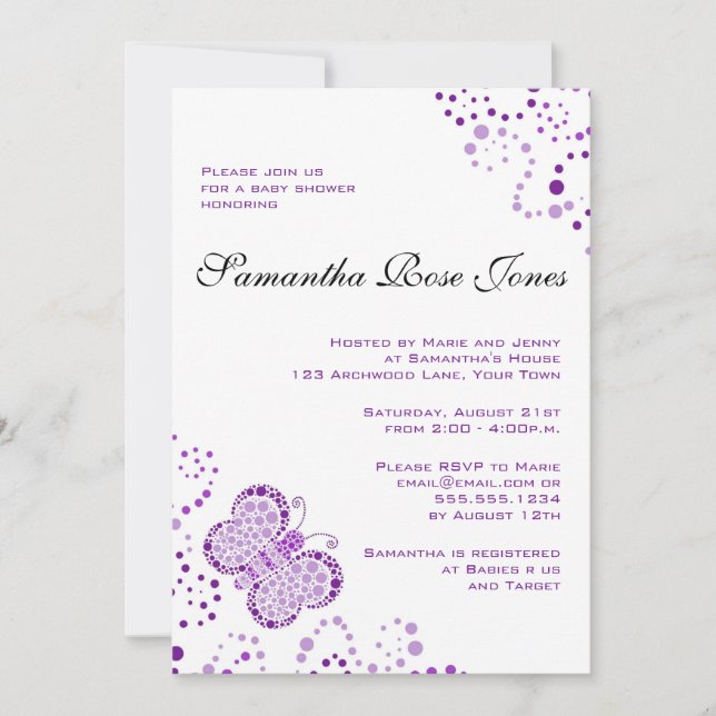 Invitation Baby shower élégant à papillons violets et blancs (Devant)