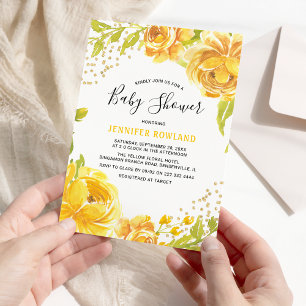 Invitation Baby Shower Élégant Aquarelle Fleurs Jaunes
