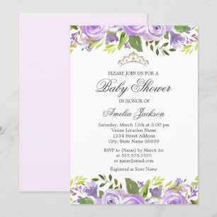 Invitation Baby shower élégant aux fleurs aquarelles violette