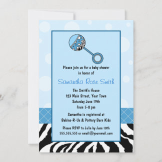 Invitation Baby shower Elégant Bleu et Zèbre