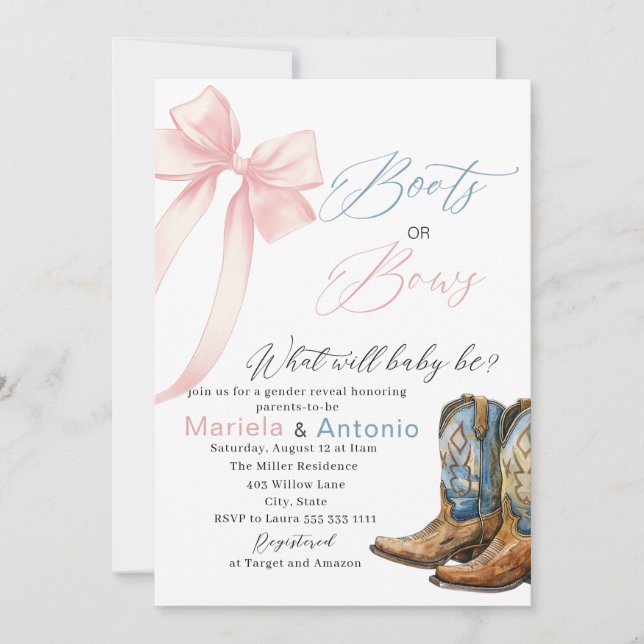 Invitation Baby shower Elegant Boots ou Bows Aquarelle (Devant)