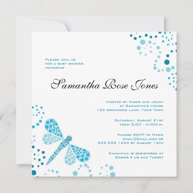 Invitation Baby shower élégant de la libellule bleue et blanc (Devant)