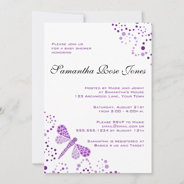 Invitation Baby shower élégant de la libellule violette et bl (Devant)