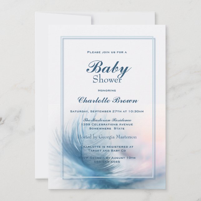 Invitation Baby shower élégant en plumes bleues (Devant)