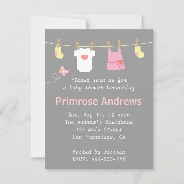 Invitation Baby shower élégant et mignon de fille, arrière - (Devant)