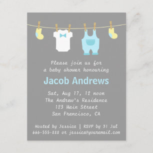 Invitation Baby shower élégant et mignon pour garçon, bleu et