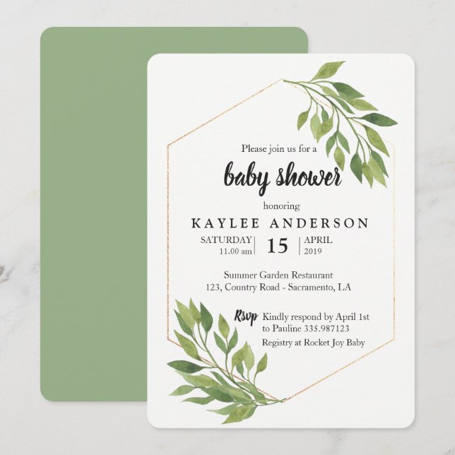 Invitation Baby shower élégant et verdoyant (Devant / Derrière)