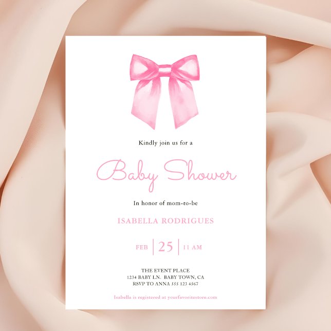 Invitation Baby shower Elegant Pink Bow (Invite shown in 5 x 7 inches, choose size, paper and corner style. Buy print or digital invitations)