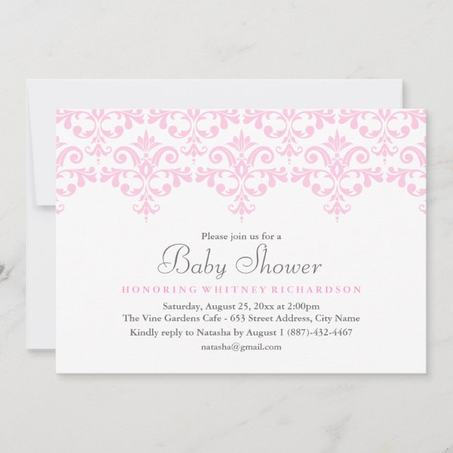 Invitation Baby shower Elegant Rose & Blanc Damask (Devant)