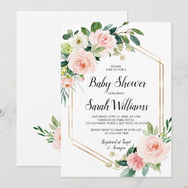 Invitation Baby shower élégant rose rose pâle (Devant / Derrière)