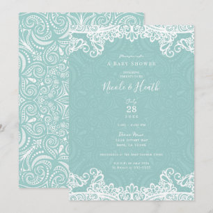 Invitation Baby Shower Élégant Turquoise et Blanc en Dentelle