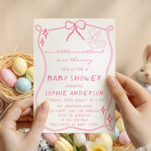 Invitation Baby Shower Élégant Vintage Rose avec un Nœud