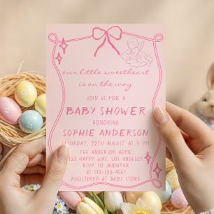 Invitation Baby Shower Élégant Vintage Rose Pastel avec un Nœ