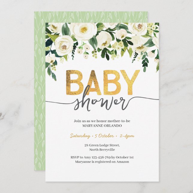 Invitation Baby shower Elegant White Roses (Devant / Derrière)