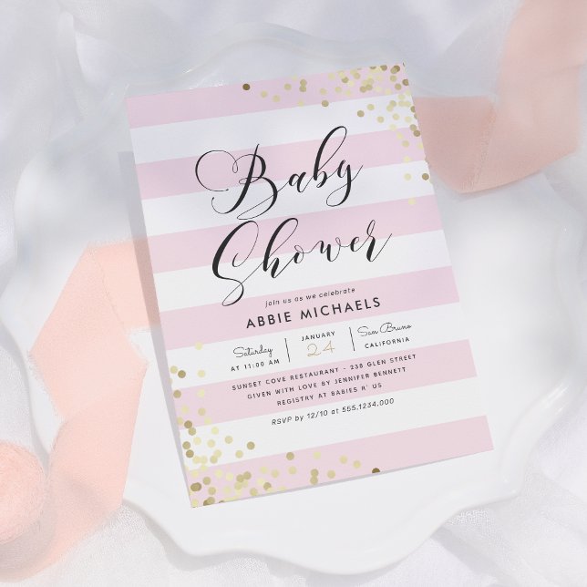Invitation Baby shower | Elégante Confetti Or & Bandes Roses (Créateur téléchargé)