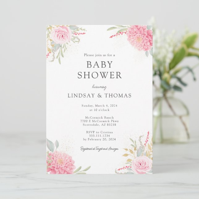 Invitation Baby shower élégante de fleurs roses (Debout devant)