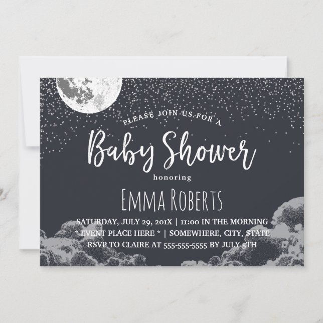 Invitation Baby shower Élégante Lune & Étoiles Nuit (Devant)