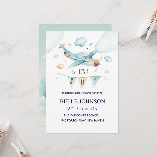 Invitation Baby shower élégante - Thème avion (Devant/Arrière en situation)