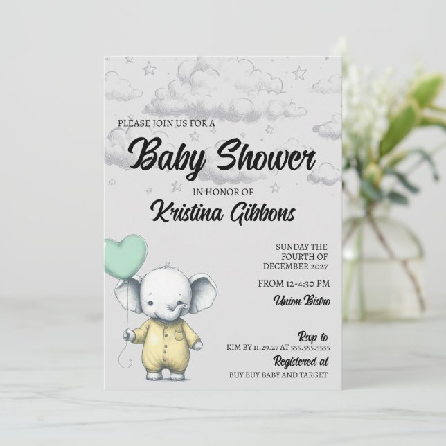 Invitation Baby shower éléphant (Debout devant)