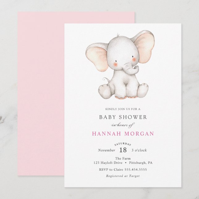 Invitation Baby shower éléphant (Devant / Derrière)