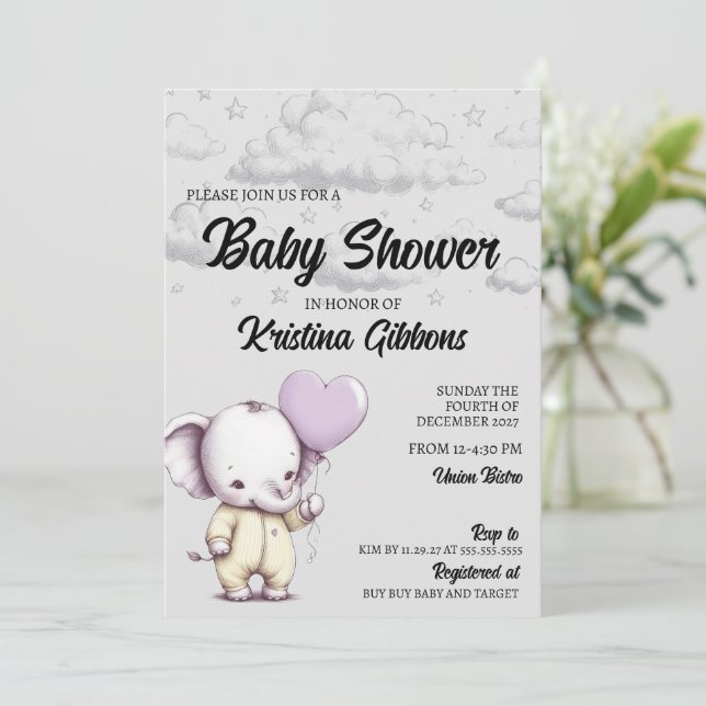 Invitation Baby shower éléphant (Debout devant)