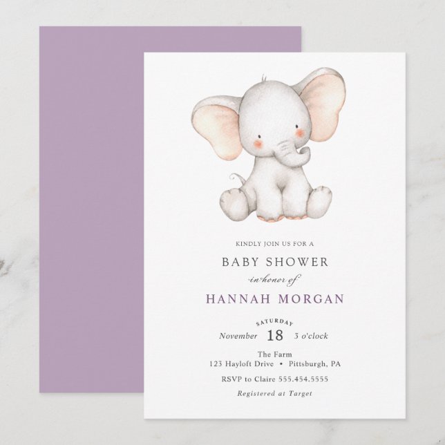 Invitation Baby shower éléphant (Devant / Derrière)
