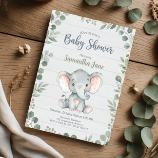 Invitation Baby Shower Éléphant à la Végétation Rustique