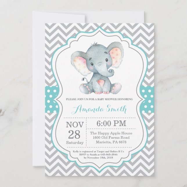 Invitation Baby shower éléphant Aqua et Grey (Devant)