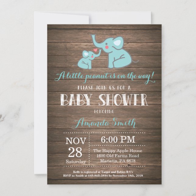 Invitation Baby shower éléphant Aqua Rustic (Devant)