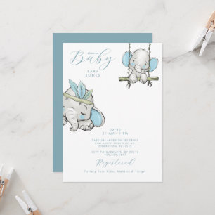 Invitation Baby shower Eléphant Aquarelle Bleu Cute