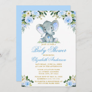 Invitation Baby shower Eléphant Aquarelle Bleu Floral Or