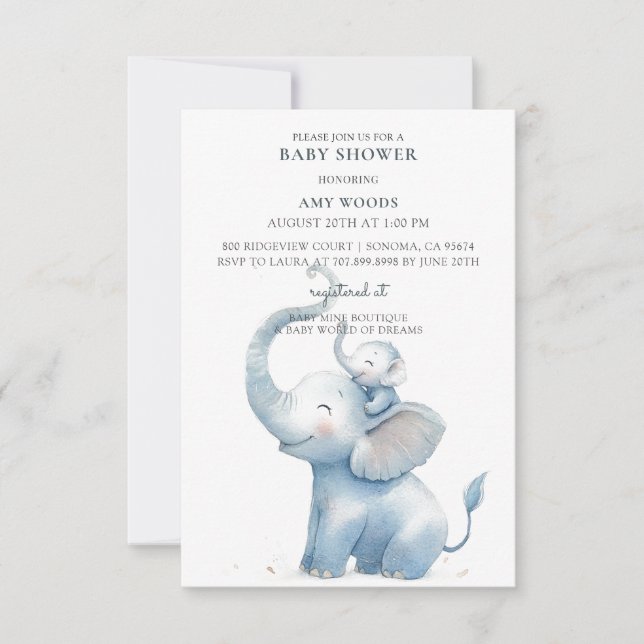 Invitation Baby shower Eléphant Aquarelle Cute (Devant)
