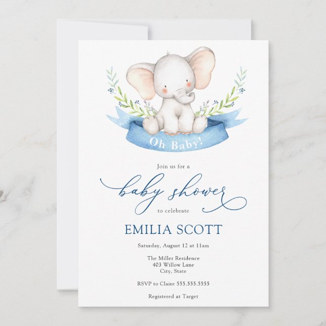 Invitation Baby shower éléphant bébé garçon (Devant)