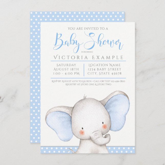 Invitation Baby shower éléphant bébé garçon (Devant / Derrière)