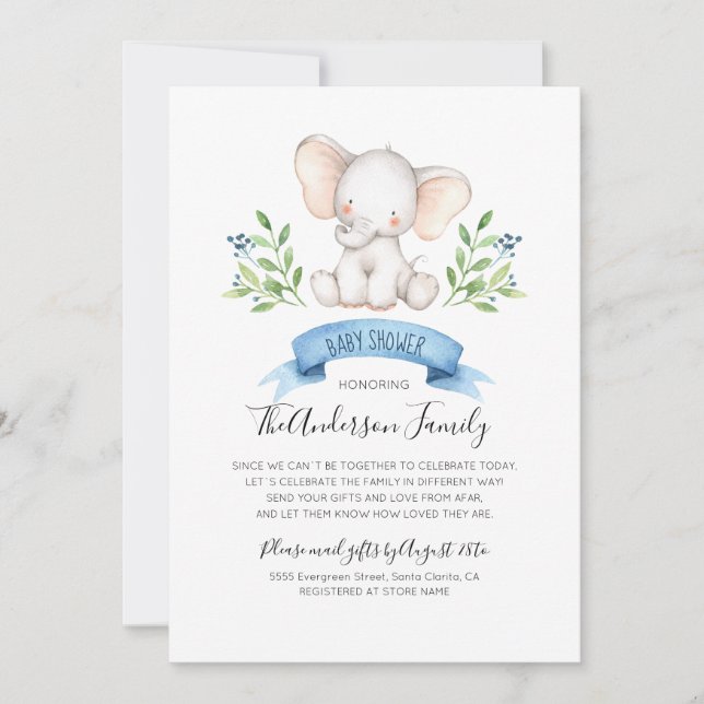 Invitation Baby shower Eléphant Bébé Par Courrier Interurbain (Devant)