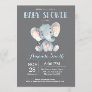 Invitation Baby shower éléphant bleu et gris