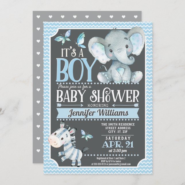 Invitation Baby shower éléphant, bleu et gris (Devant / Derrière)