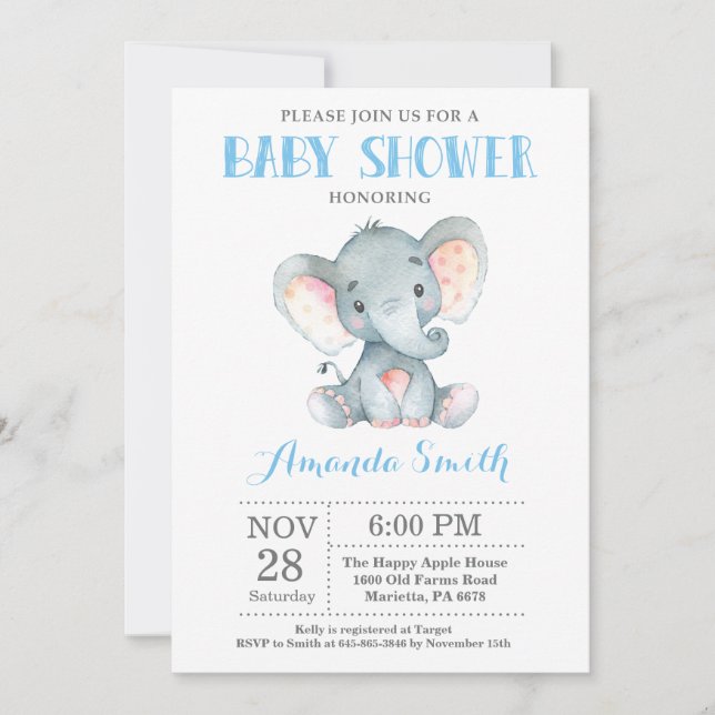 Invitation Baby shower éléphant bleu et gris (Devant)