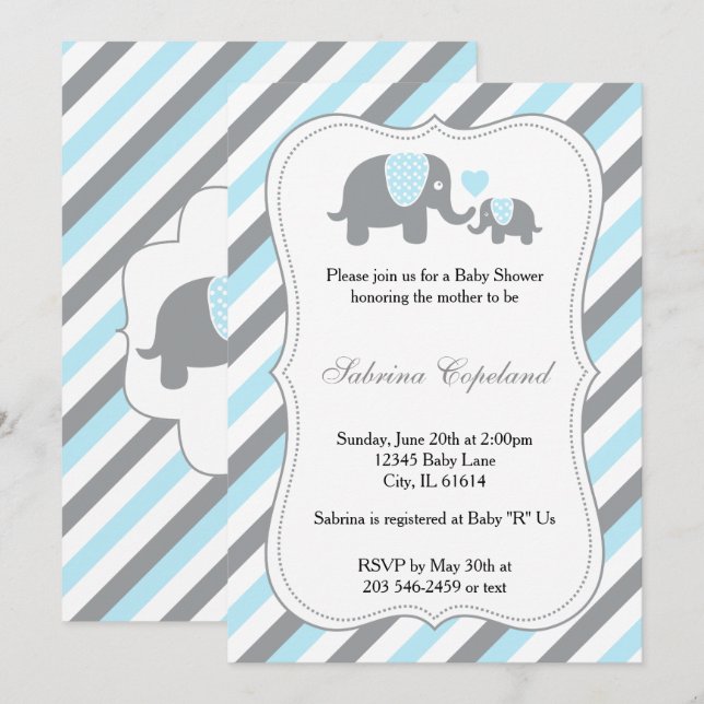 Invitation Baby shower éléphant bleu et gris (Devant / Derrière)