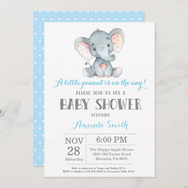 Invitation Baby shower éléphant bleu et gris (Devant / Derrière)