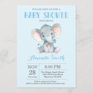 Invitation Baby shower éléphant bleu et gris