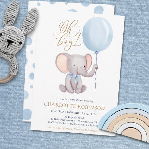 Invitation Baby shower Eléphant Bleu Garçon Cute  Invitat