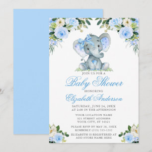 Invitation Baby shower Elephant Bow Blue Floral Argent