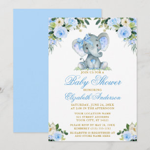 Invitation Baby shower Elephant Bow Blue Floral Gold
