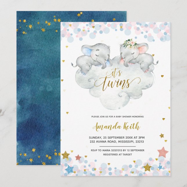 Invitation Baby shower Elephant Boy Twins (Devant / Derrière)