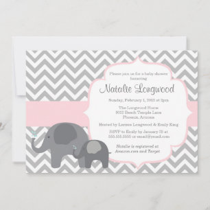 Invitation Baby shower éléphant, chevron avec rose